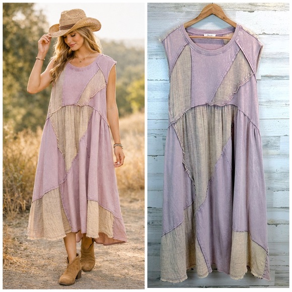 Oli & Hali Dresses & Skirts - Oli & Hali Boho Oversized Patchwork Cotton Dress Raw Seam Lagenlook L